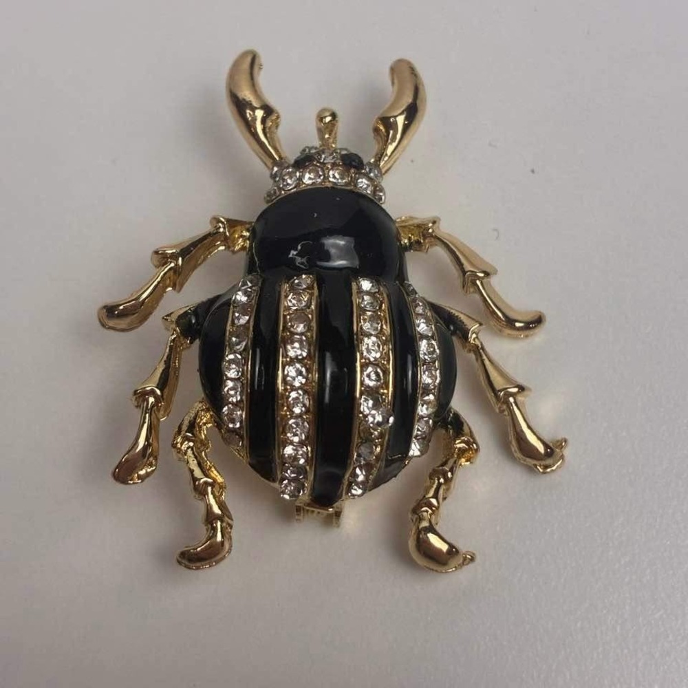 Black Enamel Rhinestone Beetle Brooch Gold Tone Insect Pin Statement Jewelry